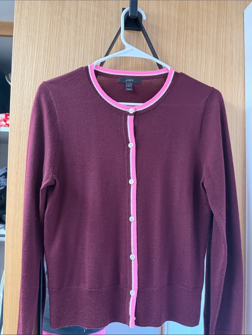 J. Crew Maroon Cardigan with Pink Contrast Trim